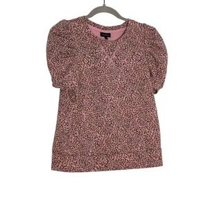 WHO WHAT WEAR | PLEATED PUFF SLEEVE TEE SHIRT TOP PINK‎ LEOPARD PRINT S
